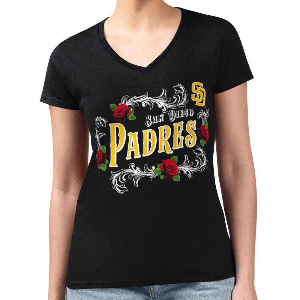 San Diego Padres G-III 4Her by Carl Banks Women's Super-Slim Fit Lightweight Retro Roses V-Neck T-Shirt - MLB T-shirts
