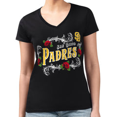 San Diego Padres G-III 4Her by Carl Banks Women's Super-Slim Fit Lightweight Retro Roses V-Neck T-Shirt - MLB T-shirts