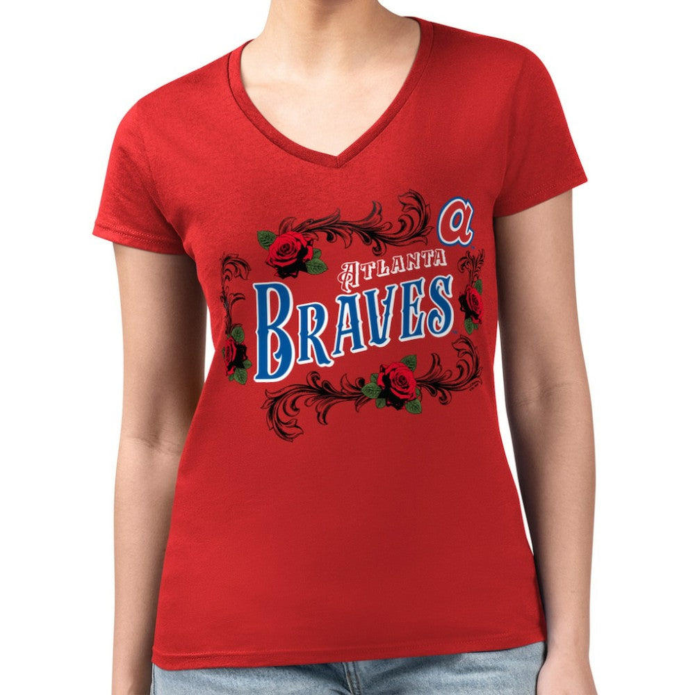 Atlanta Braves G-III 4Her by Carl Banks Women's Super-Slim Fit Lightweight Retro Roses V-Neck T-Shirt - MLB T-shirts