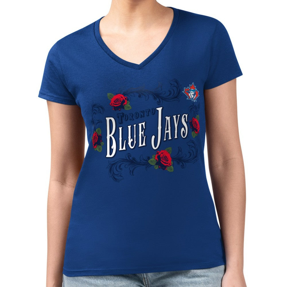 Toronto Blue Jays G-III 4Her by Carl Banks Women's Super-Slim Fit Lightweight Retro Roses V-Neck T-Shirt - MLB T-shirts
