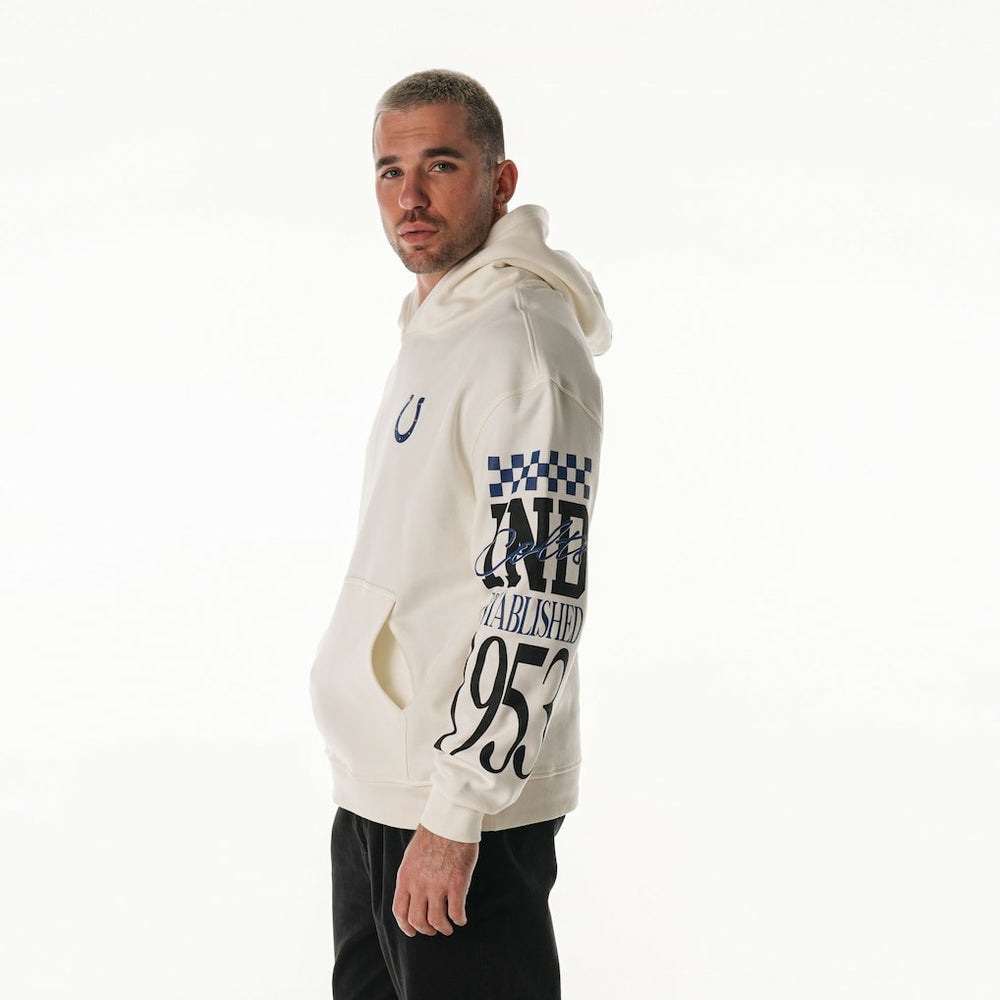 Indianapolis Colts The Wild Collective Unisex Stacked Graphic Sleeve Fleece Hoodie | NFL Discount