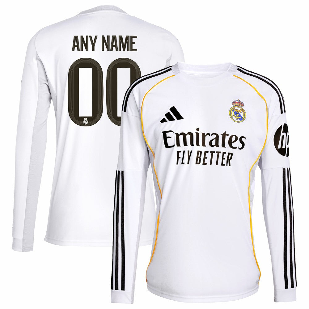 Real Madrid 2025/26 Home Replica Long Sleeve Custom Jersey
