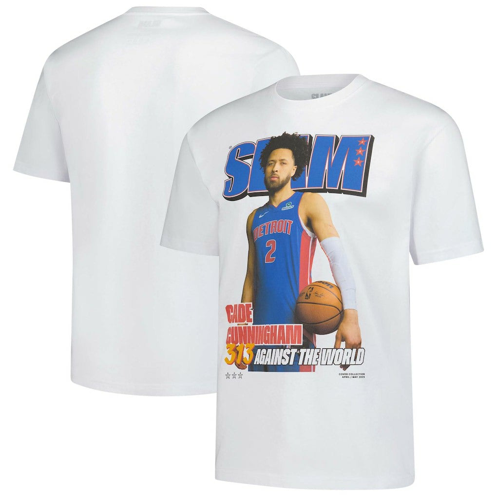 White Cade Cunningham Detroit Pistons SLAM Unisex April/May 2025 Cover Graphic T-Shirt sale | NBA