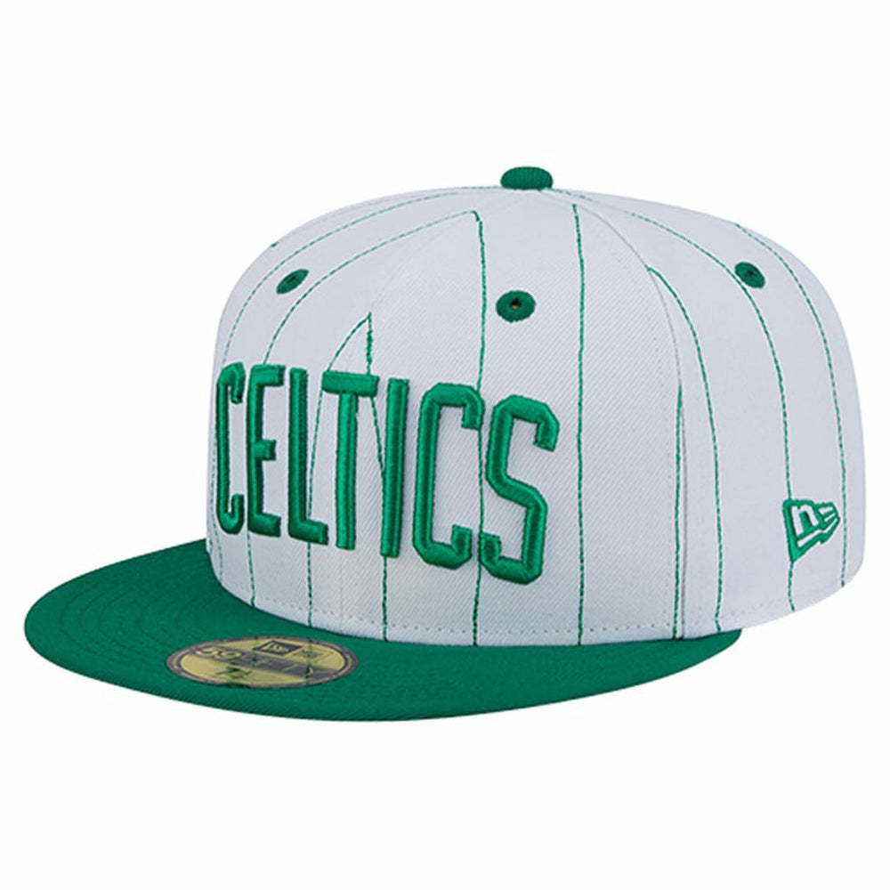 White Boston Celtics Wordmark Pinstripe 59FIFTY Fitted Hat | NBA