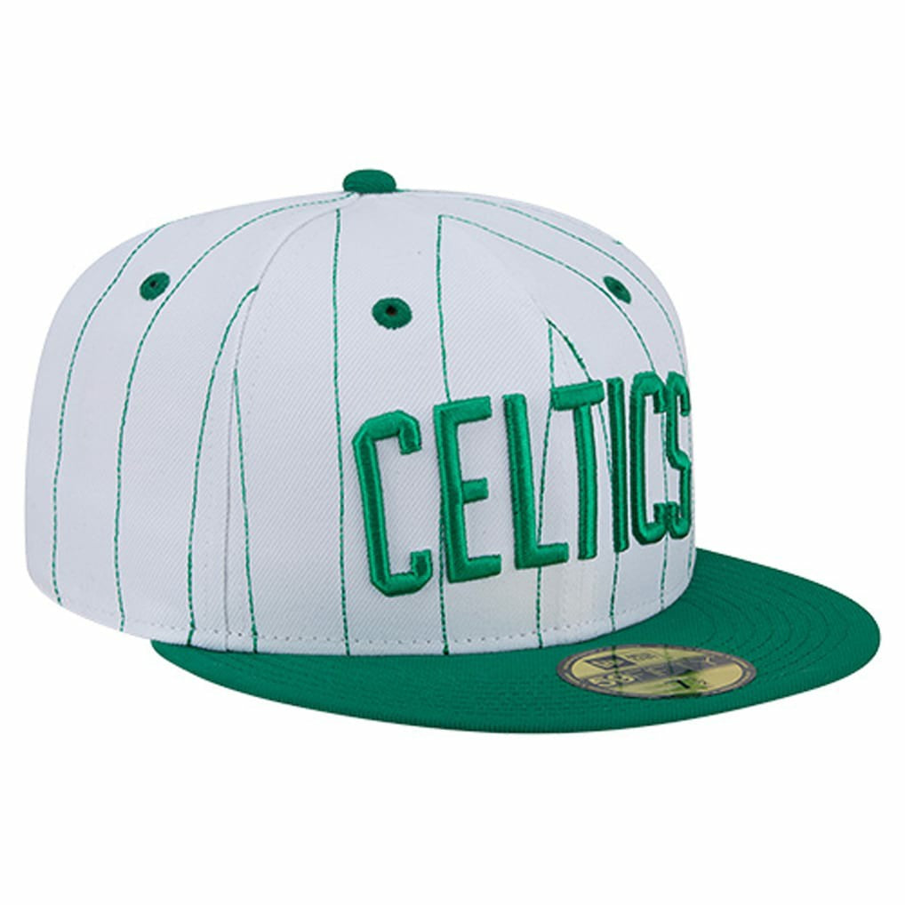 White Boston Celtics Wordmark Pinstripe 59FIFTY Fitted Hat | NBA
