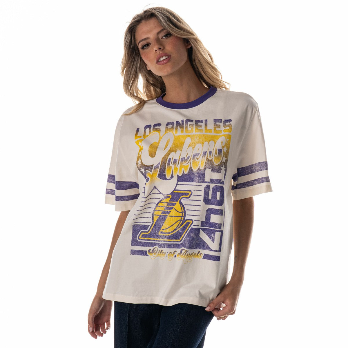 Cream Los Angeles Lakers The Wild Collective Women's Vintage Drop Shoulder Oversized Boyfriend T-Shirt | NBA