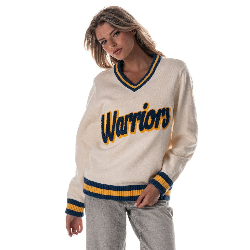 Cream Golden State Warriors The Wild Collective Women's Jacquard V-Neck Sweater sale | NBA