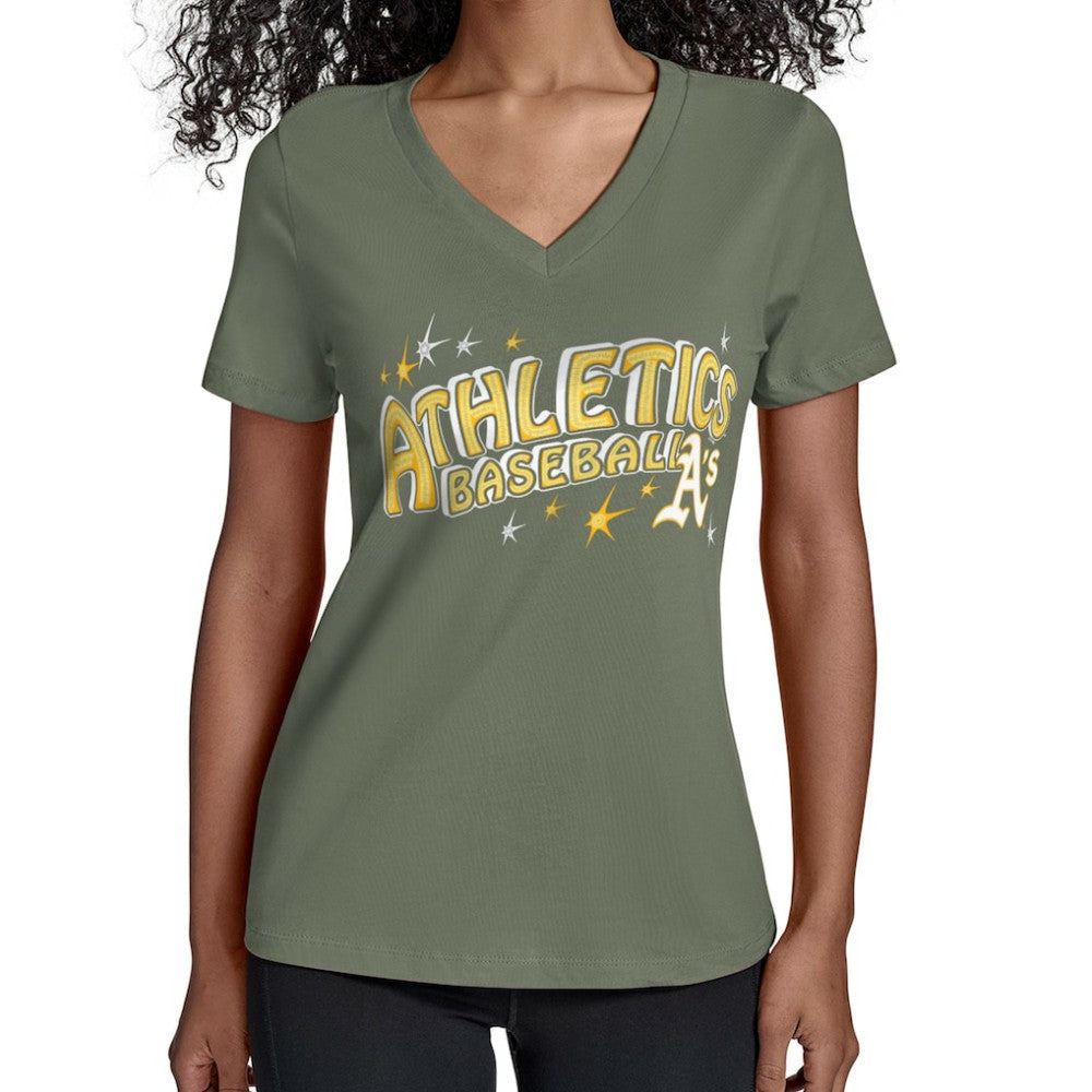 Athletics Starter Women's Fireworks Team Name V-Neck T-Shirt - MLB T-shirts