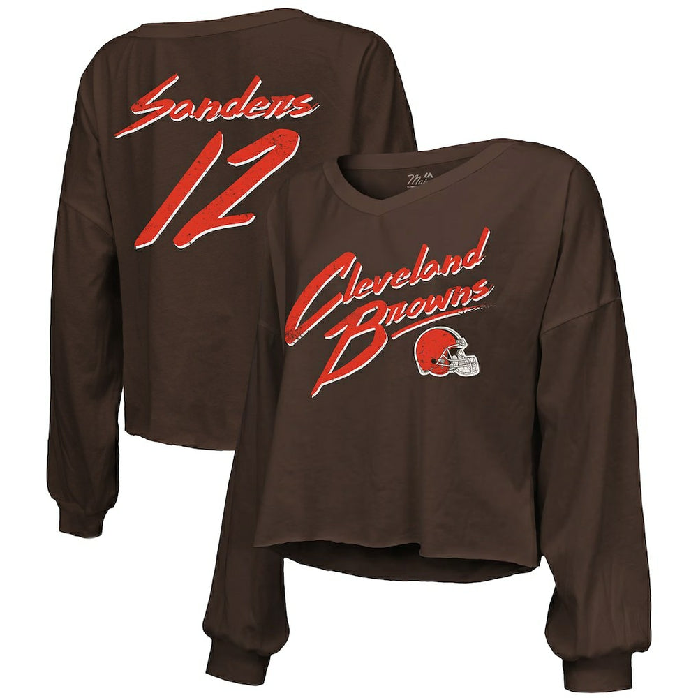 Cleveland Browns Shedeur Sanders  Majestic Threads Women's Name & Number Off-Shoulder Script Cropped Long Sleeve Relaxed V-Neck T-Shirt | NFL Discount