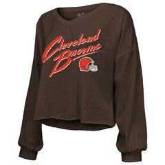 Cleveland Browns Shedeur Sanders  Majestic Threads Women's Name & Number Off-Shoulder Script Cropped Long Sleeve Relaxed V-Neck T-Shirt | NFL Discount