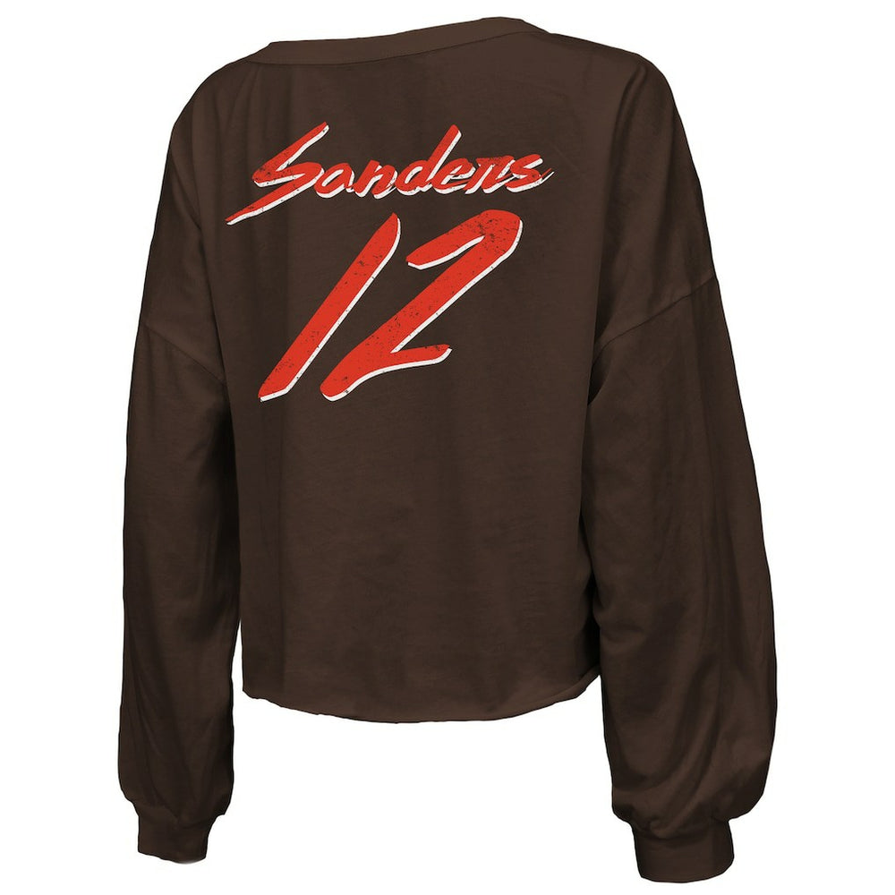Cleveland Browns Shedeur Sanders  Majestic Threads Women's Name & Number Off-Shoulder Script Cropped Long Sleeve Relaxed V-Neck T-Shirt | NFL Discount