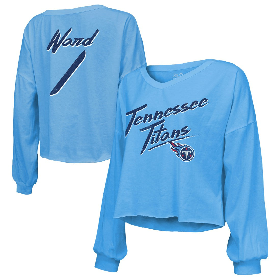 Tennessee Titans Cameron Ward  Majestic Threads Women's Name & Number Off-Shoulder Script Cropped Long Sleeve Relaxed V-Neck T-Shirt | NFL Discount