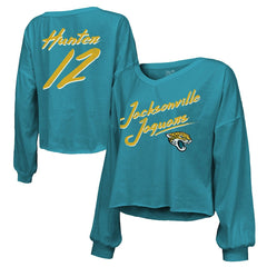 Jacksonville Jaguars Travis Hunter  Majestic Threads Women's Name & Number Off-Shoulder Script Cropped Long Sleeve Relaxed V-Neck T-Shirt | NFL Discount