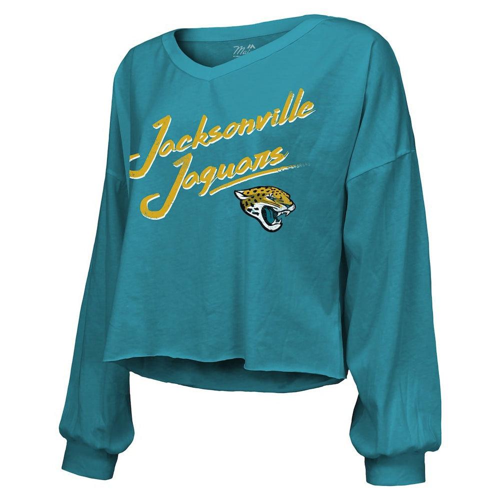Jacksonville Jaguars Travis Hunter  Majestic Threads Women's Name & Number Off-Shoulder Script Cropped Long Sleeve Relaxed V-Neck T-Shirt | NFL Discount