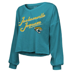 Jacksonville Jaguars Travis Hunter  Majestic Threads Women's Name & Number Off-Shoulder Script Cropped Long Sleeve Relaxed V-Neck T-Shirt | NFL Discount