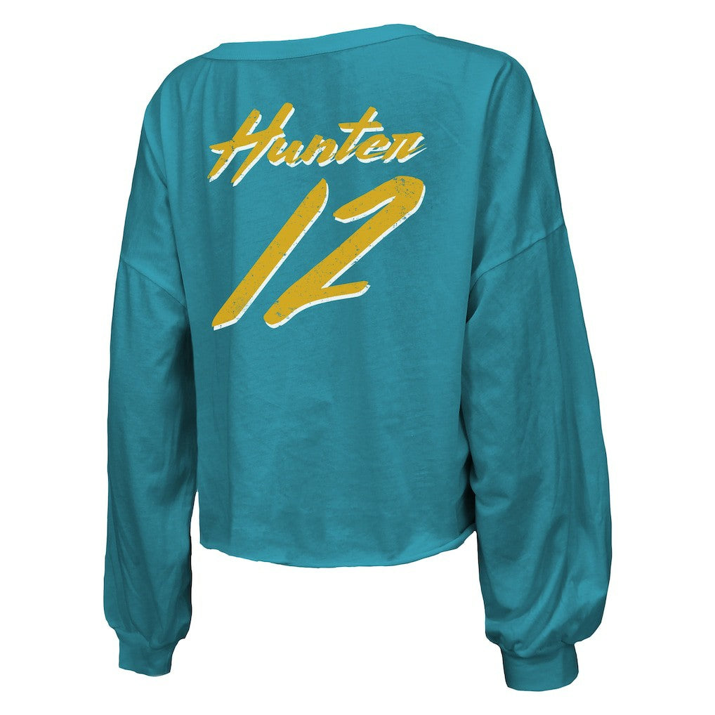 Jacksonville Jaguars Travis Hunter  Majestic Threads Women's Name & Number Off-Shoulder Script Cropped Long Sleeve Relaxed V-Neck T-Shirt | NFL Discount