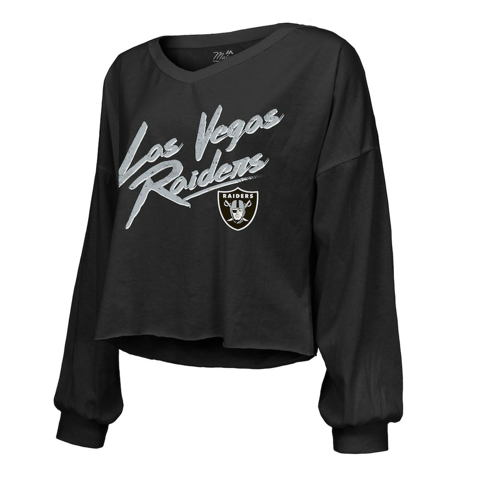 Las Vegas Raiders Ashton Jeanty  Majestic Threads Women's Name & Number Off-Shoulder Script Cropped Long Sleeve Relaxed V-Neck T-Shirt | NFL New