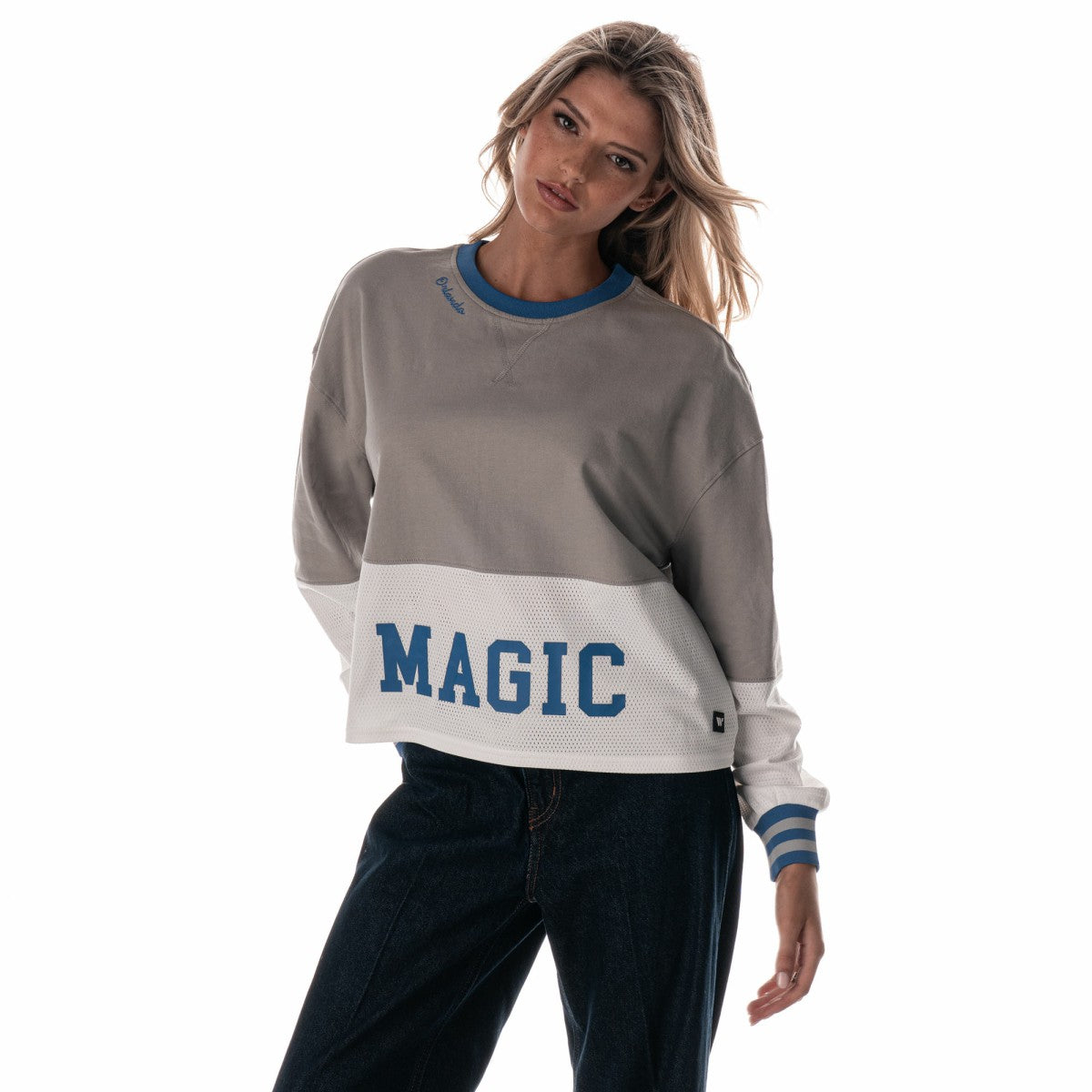 Gray Orlando Magic The Wild Collective Women's Cropped Long-Sleeve Fashion Crewneck Sweatshirt | NBA