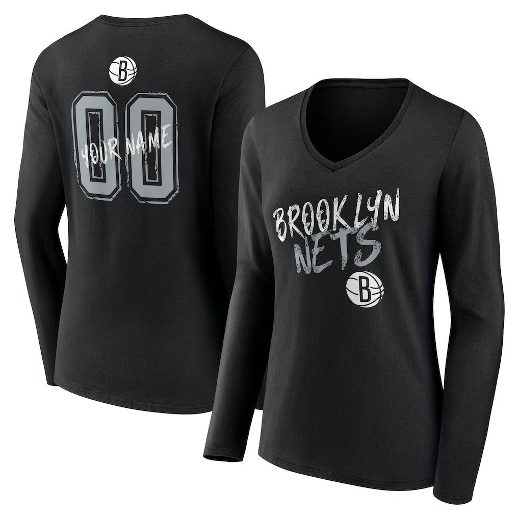 Black Brooklyn Nets Women's Hustle Custom Long Sleeve V-Neck T-Shirt | NBA