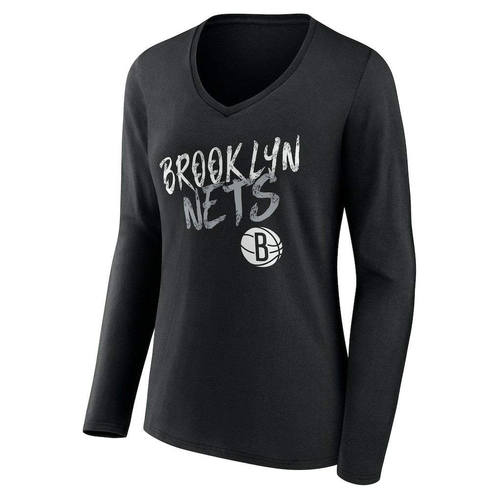 Black Brooklyn Nets Women's Hustle Custom Long Sleeve V-Neck T-Shirt | NBA