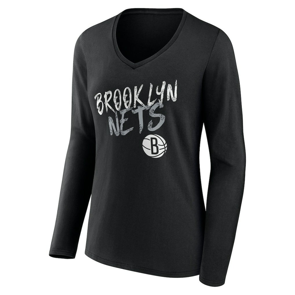 Black Brooklyn Nets Women's Hustle Custom Long Sleeve V-Neck T-Shirt | NBA