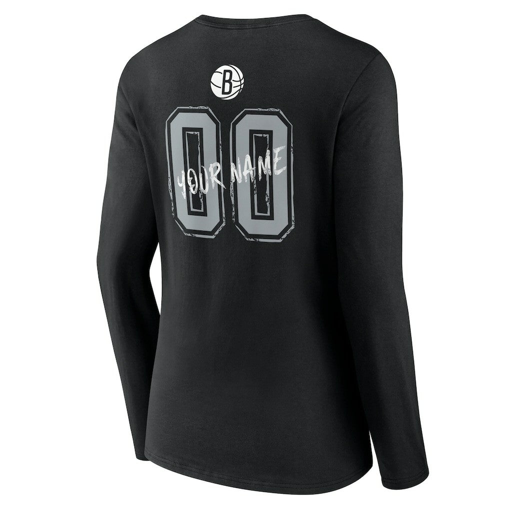 Black Brooklyn Nets Women's Hustle Custom Long Sleeve V-Neck T-Shirt | NBA