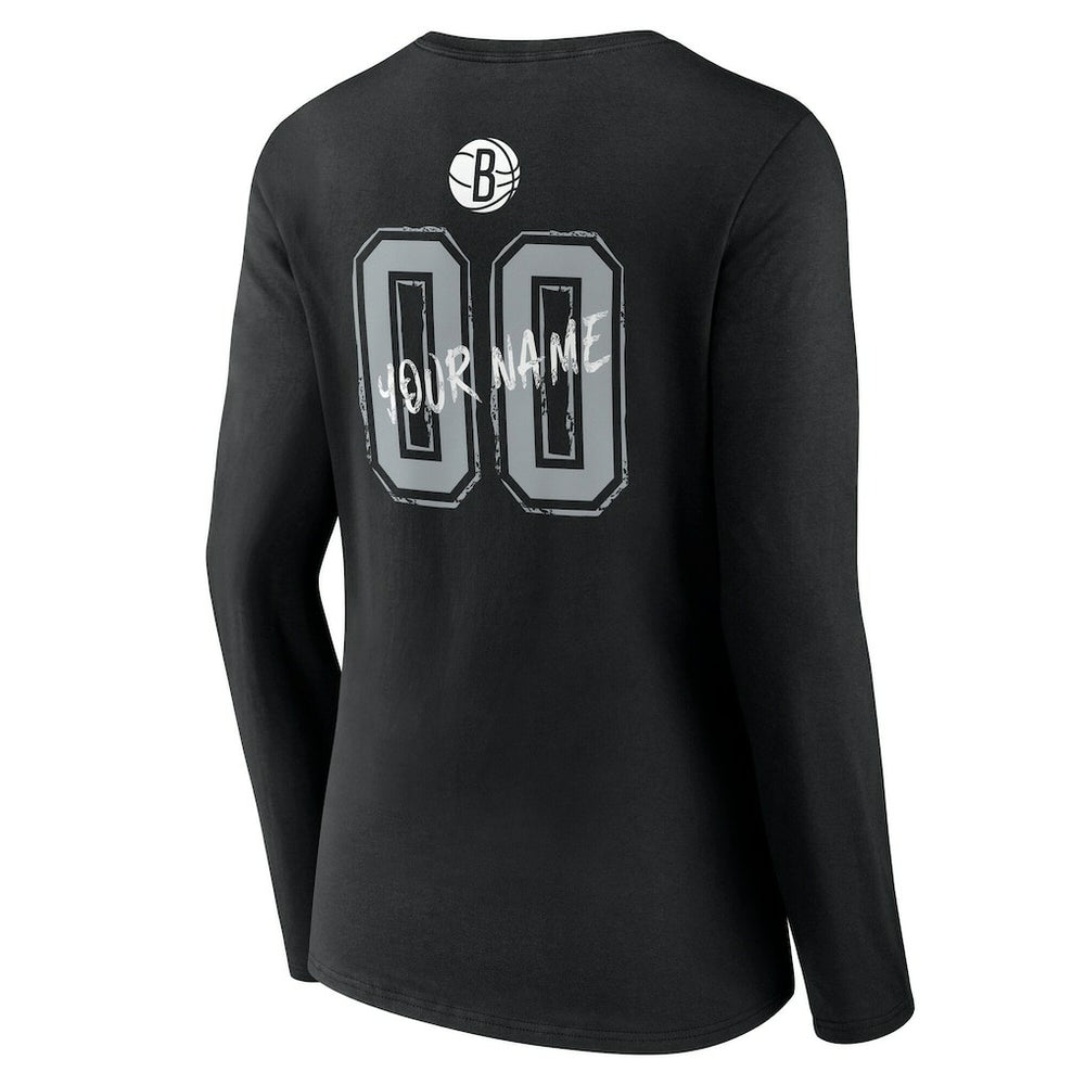 Black Brooklyn Nets Women's Hustle Custom Long Sleeve V-Neck T-Shirt | NBA