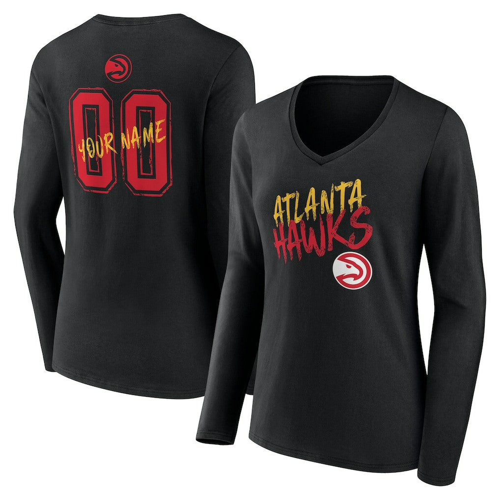 Black Atlanta Hawks Women's Hustle Custom Long Sleeve V-Neck T-Shirt | NBA
