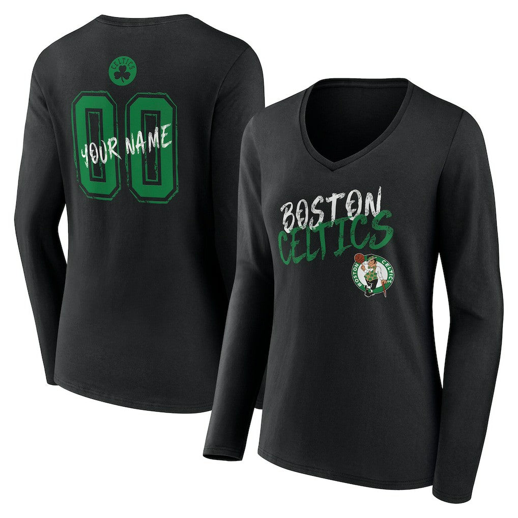 Black Boston Celtics Women's Hustle Custom Long Sleeve V-Neck T-Shirt | NBA