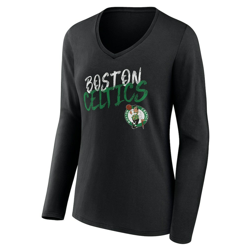 Black Boston Celtics Women's Hustle Custom Long Sleeve V-Neck T-Shirt | NBA
