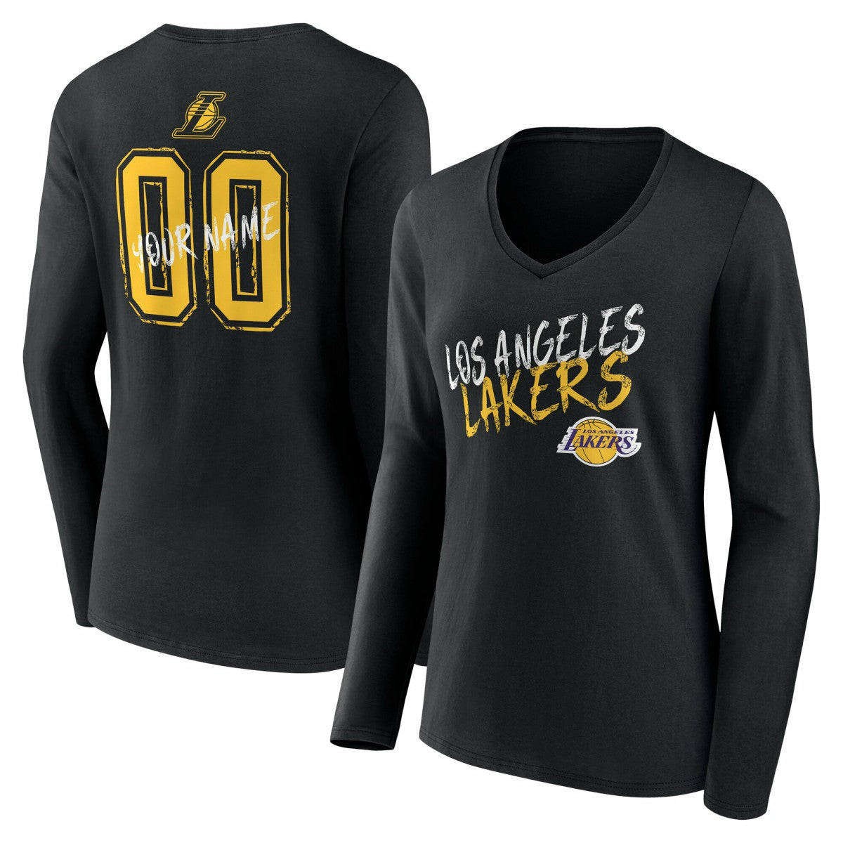 Black Los Angeles Lakers Women's Hustle Custom Long Sleeve V-Neck T-Shirt | NBA