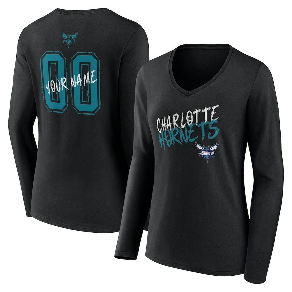 Black Charlotte Hornets Women's Hustle Custom Long Sleeve V-Neck T-Shirt | NBA