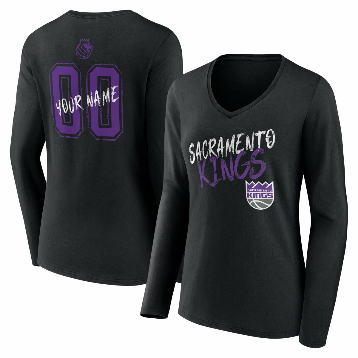 Black Sacramento Kings Women's Hustle Custom Long Sleeve V-Neck T-Shirt | NBA