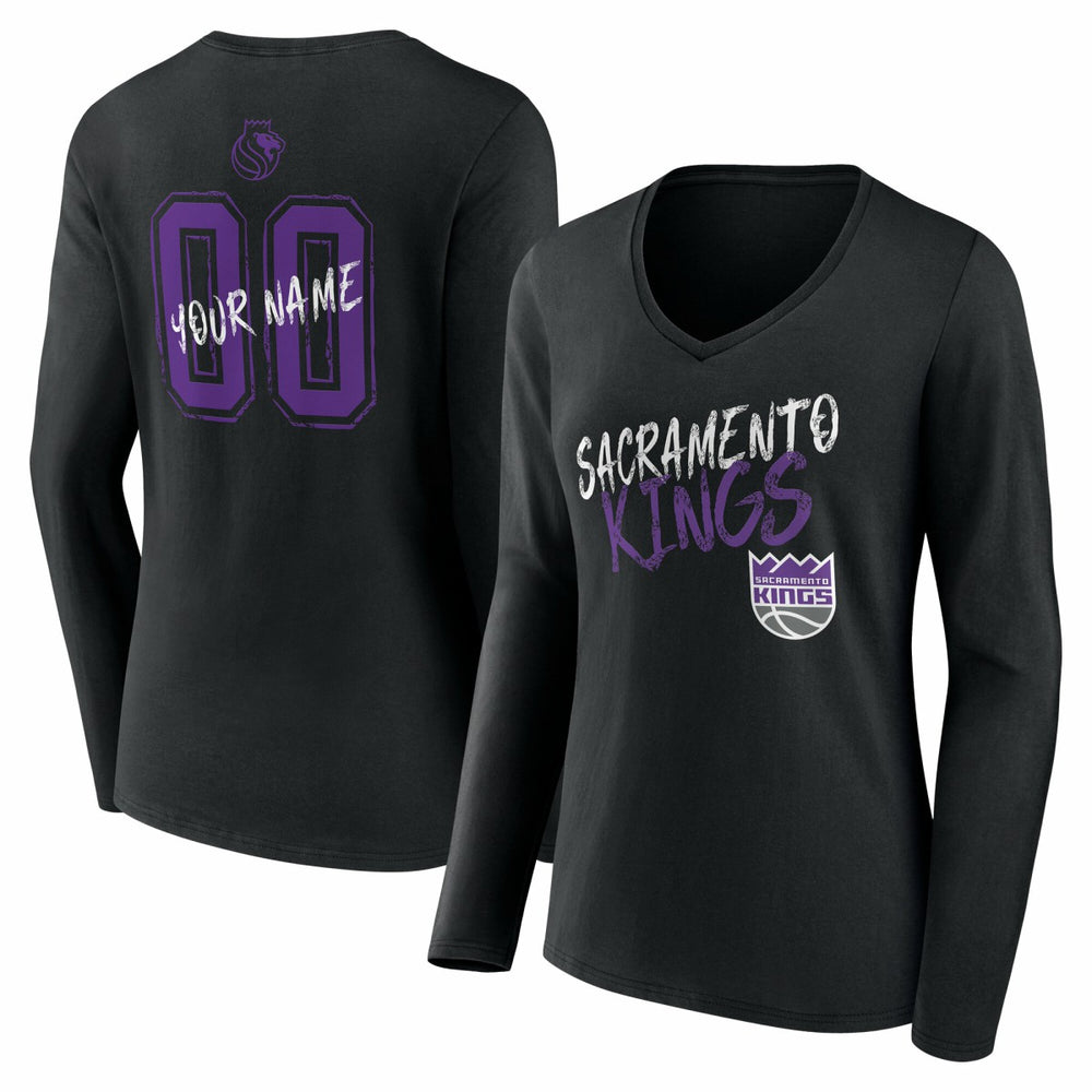 Black Sacramento Kings Women's Hustle Custom Long Sleeve V-Neck T-Shirt | NBA