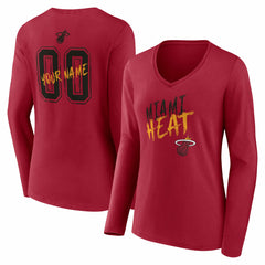 Red Miami Heat Women's Hustle Custom Long Sleeve V-Neck T-Shirt | NBA