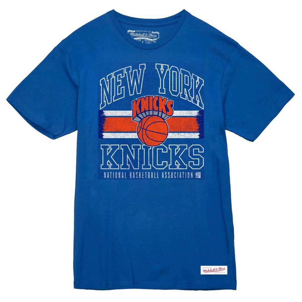 Royal New York Knicks Striped Logo Lockup Premium T-Shirt | NBA