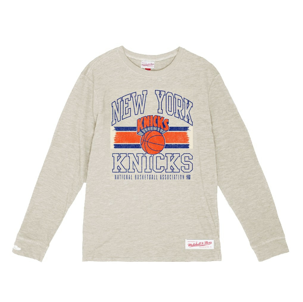 Cream New York Knicks Striped Logo Lockup Premium T-Shirt | NBA