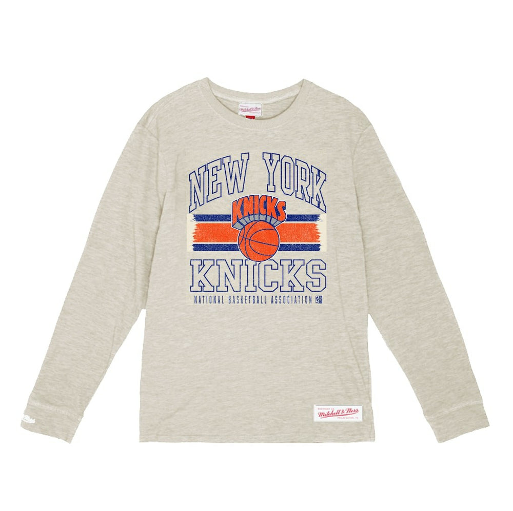 Cream New York Knicks Striped Logo Lockup Premium T-Shirt | NBA