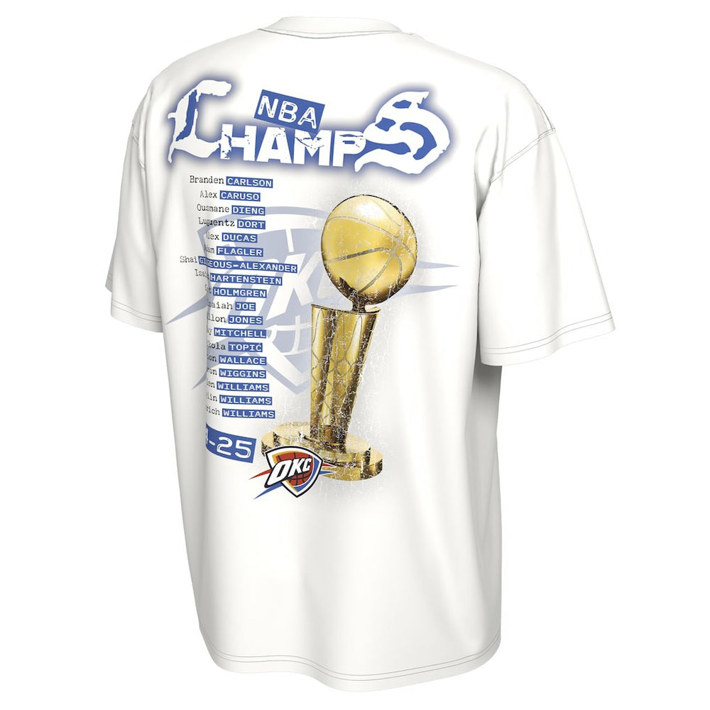 White Oklahoma City Thunder Unisex 2025 NBA Finals Champions Celebration Parade Roster T-Shirt | NBA