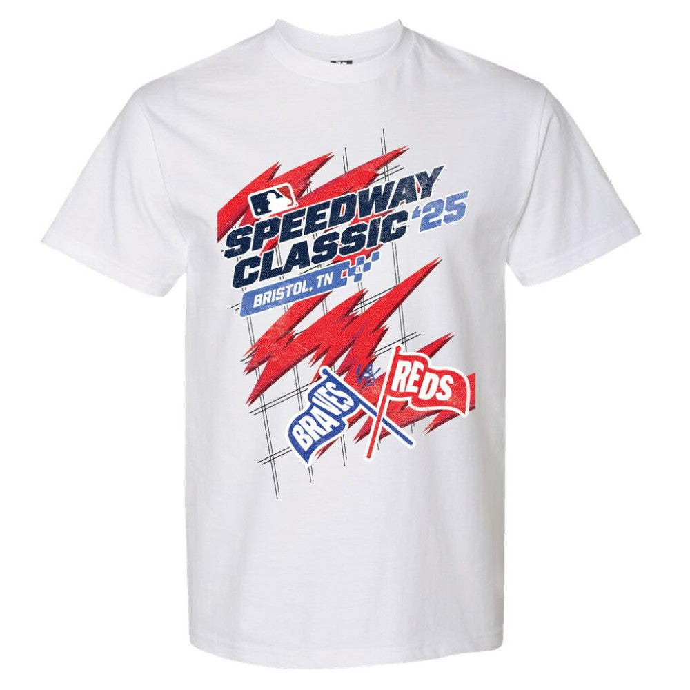 Cincinnati Reds vs. Atlanta Braves The Wild Collective Women's 2025 Speedway Classic Flags T-Shirt - MLB T-shirts