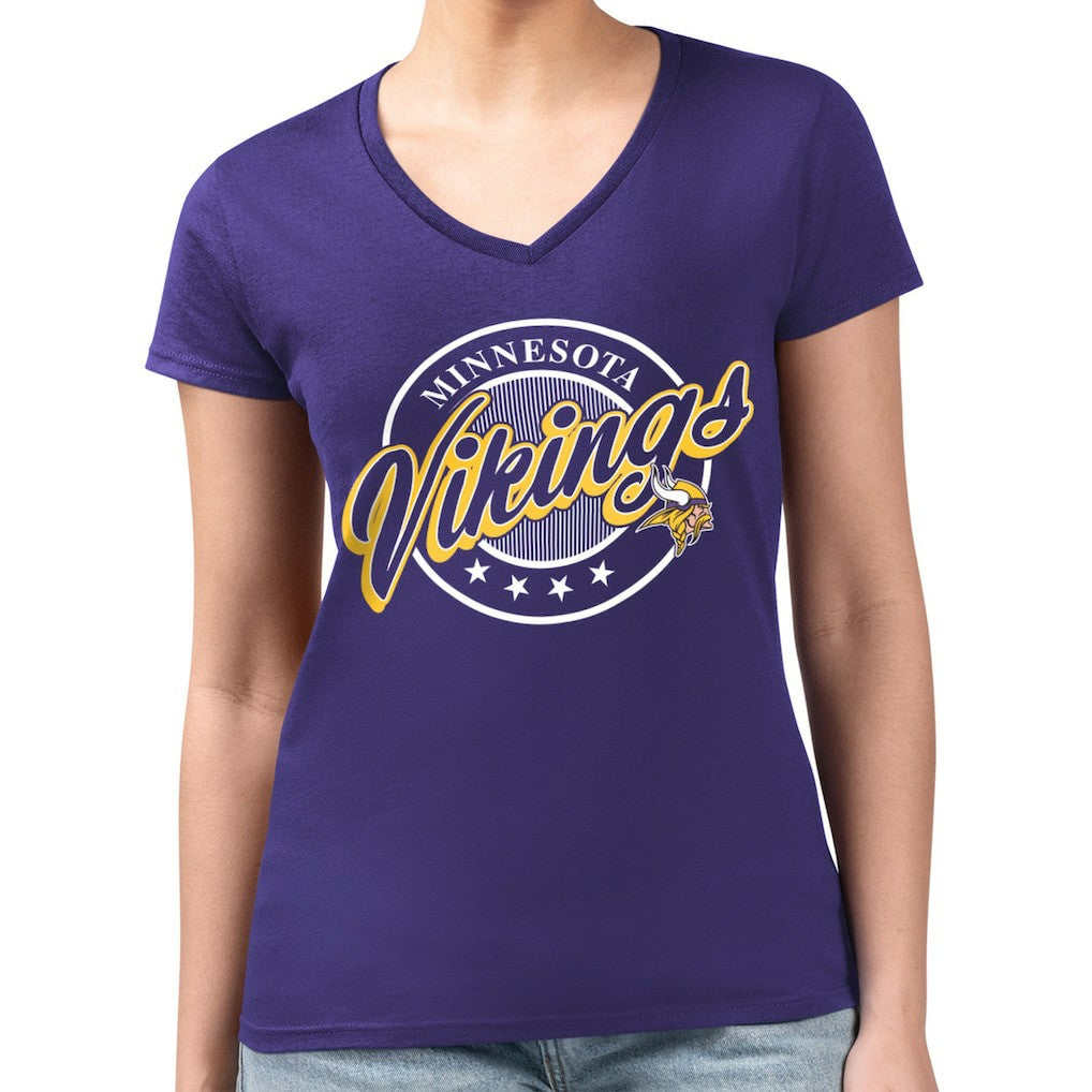 Minnesota Vikings G-III 4Her by Carl Banks Women's Super-Slim Fit Lightweight Pinstripe Circle V-Neck T-Shirt | NFL Sale
