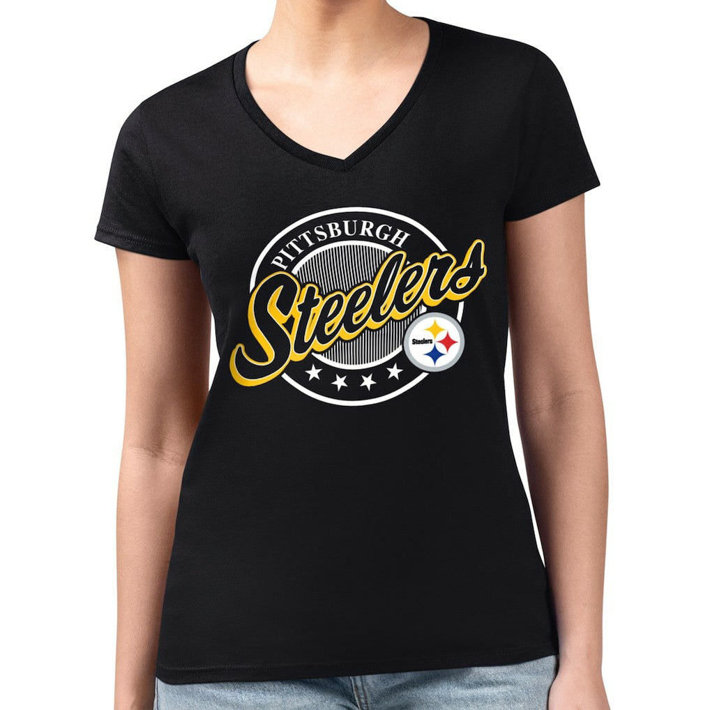 Pittsburgh Steelers G-III 4Her by Carl Banks Women's Super-Slim Fit Lightweight Pinstripe Circle V-Neck T-Shirt | NFL Hot