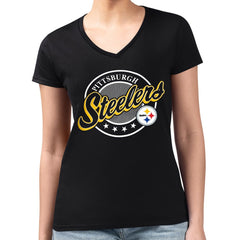 Pittsburgh Steelers G-III 4Her by Carl Banks Women's Super-Slim Fit Lightweight Pinstripe Circle V-Neck T-Shirt | NFL Hot