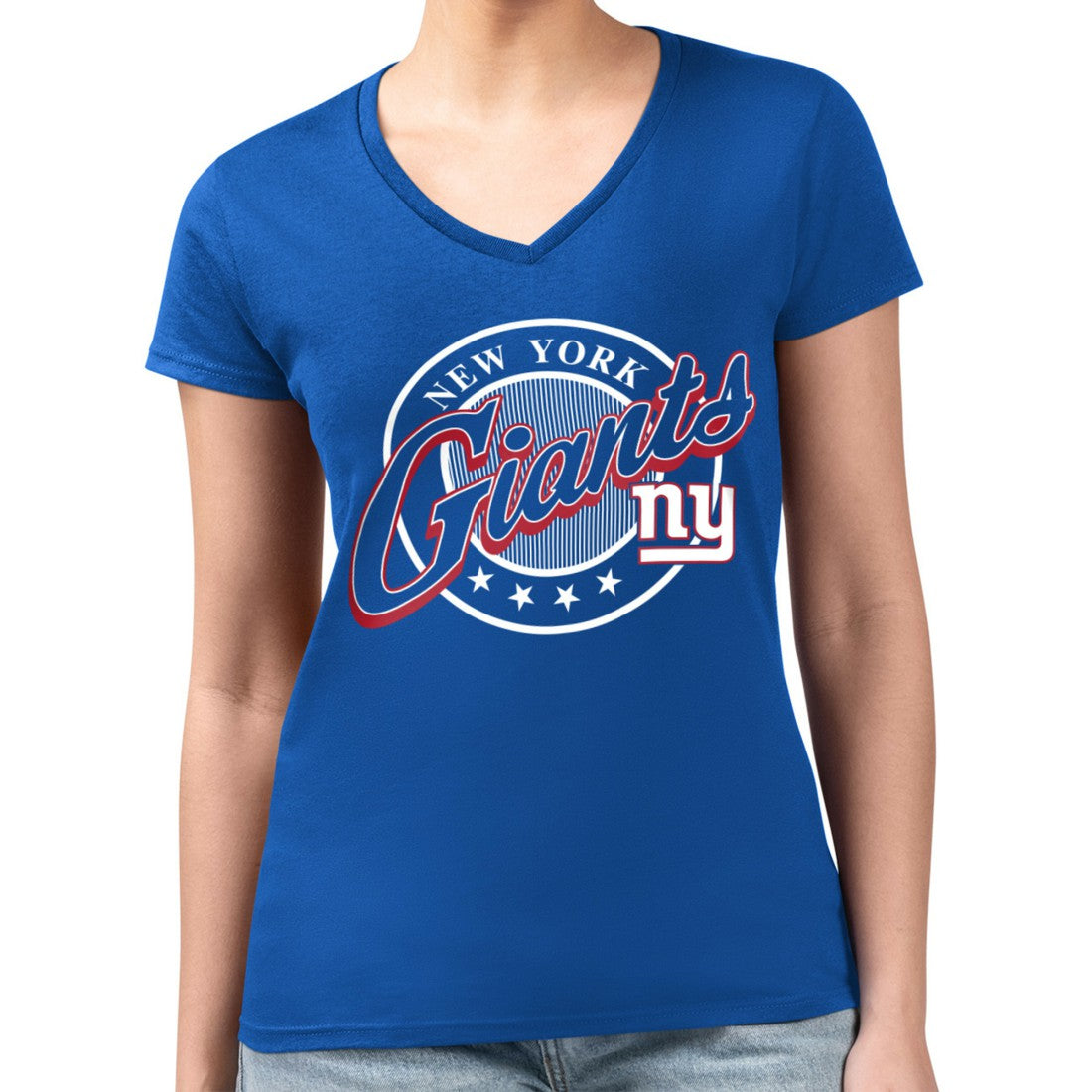 New York Giants G-III 4Her by Carl Banks Women's Super-Slim Fit Lightweight Pinstripe Circle V-Neck T-Shirt | NFL US