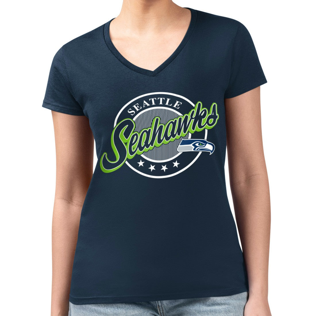 Seattle Seahawks G-III 4Her by Carl Banks Women's Super-Slim Fit Lightweight Pinstripe Circle V-Neck T-Shirt | NFL Near me
