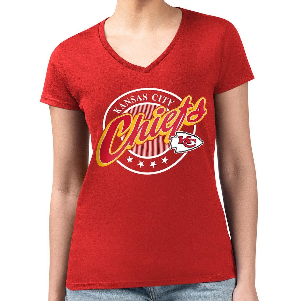 Kansas City Chiefs G-III 4Her by Carl Banks Women's Super-Slim Fit Lightweight Pinstripe Circle V-Neck T-Shirt | NFL Online