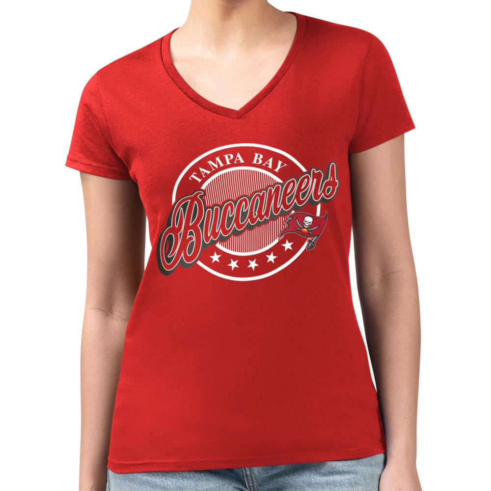 Tampa Bay Buccaneers G-III 4Her by Carl Banks Women's Super-Slim Fit Lightweight Pinstripe Circle V-Neck T-Shirt | NFL US