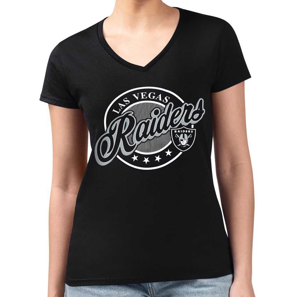 Las Vegas Raiders G-III 4Her by Carl Banks Women's Super-Slim Fit Lightweight Pinstripe Circle V-Neck T-Shirt | NFL Outlet