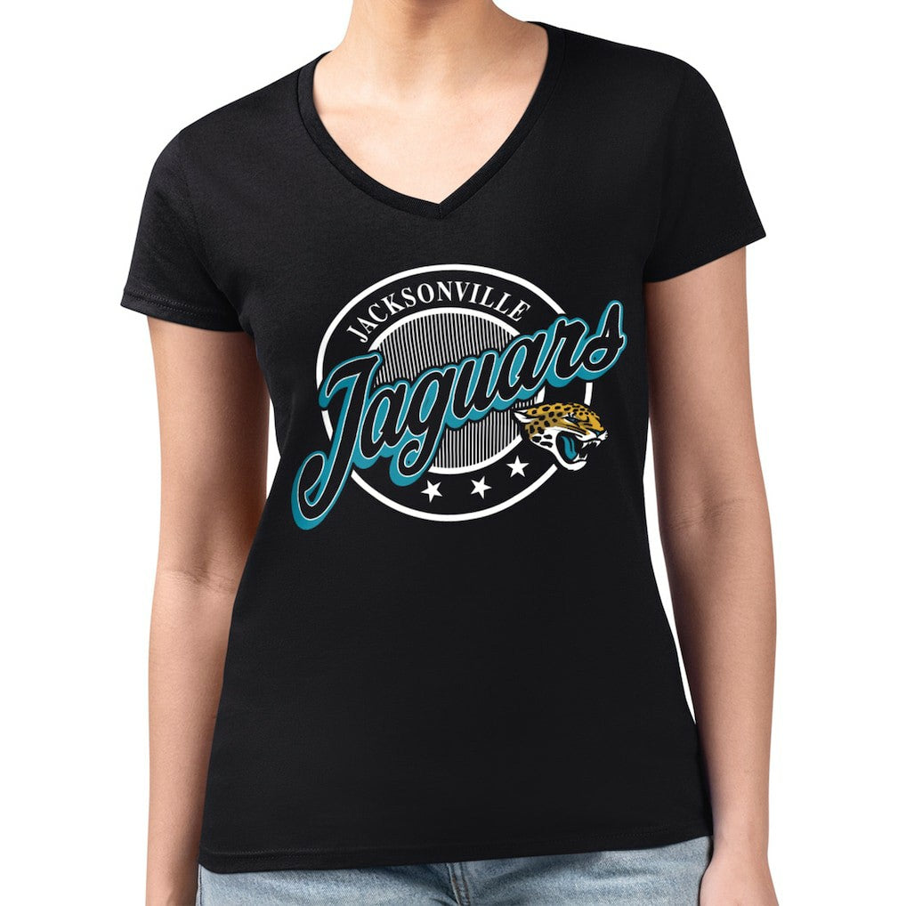 Jacksonville Jaguars G-III 4Her by Carl Banks Women's Super-Slim Fit Lightweight Pinstripe Circle V-Neck T-Shirt | NFL Discount