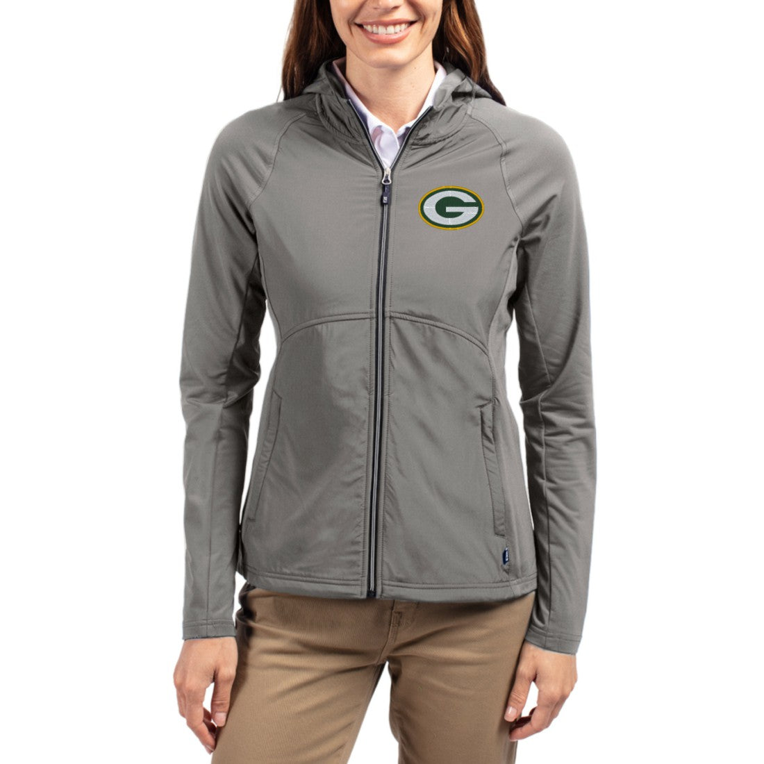 Green Bay Packers Cutter & Buck Women's Adapt Eco Knit Hybrid Recycled Raglan Full-Zip Hoodie Jacket | NFL Outlet